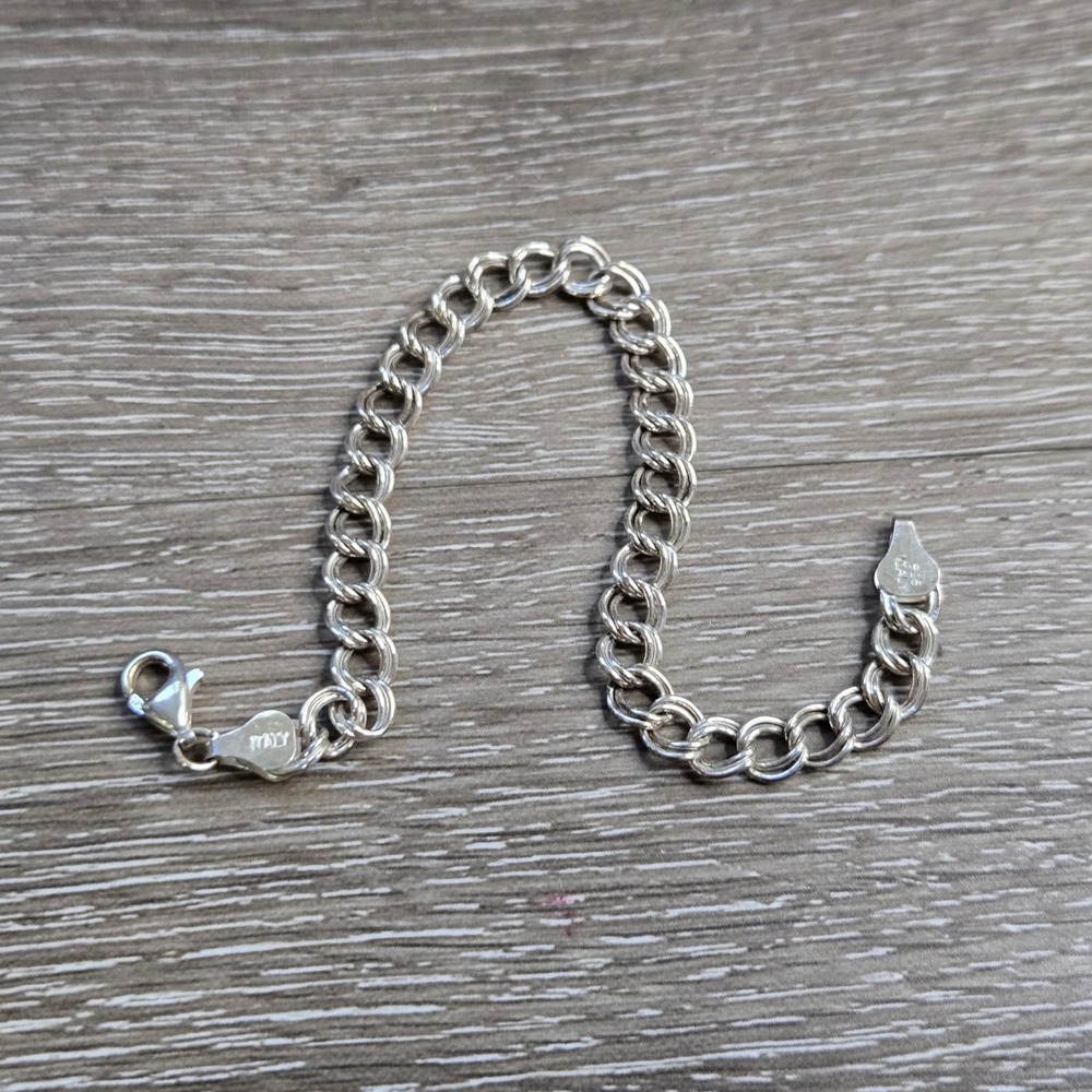 925 Sterling Silver Double Link Curb Chain Charm Bracelet 6.5" SU Italy